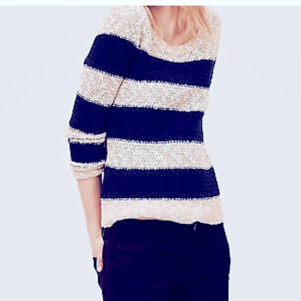 LOFT Beige and Navy Striped Cotton Linen Blend Loose Knit Sweater-L